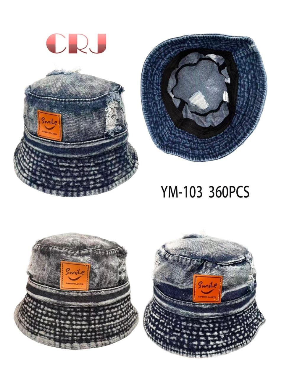 Distressed Denim Bucket Hat with Smile Patch