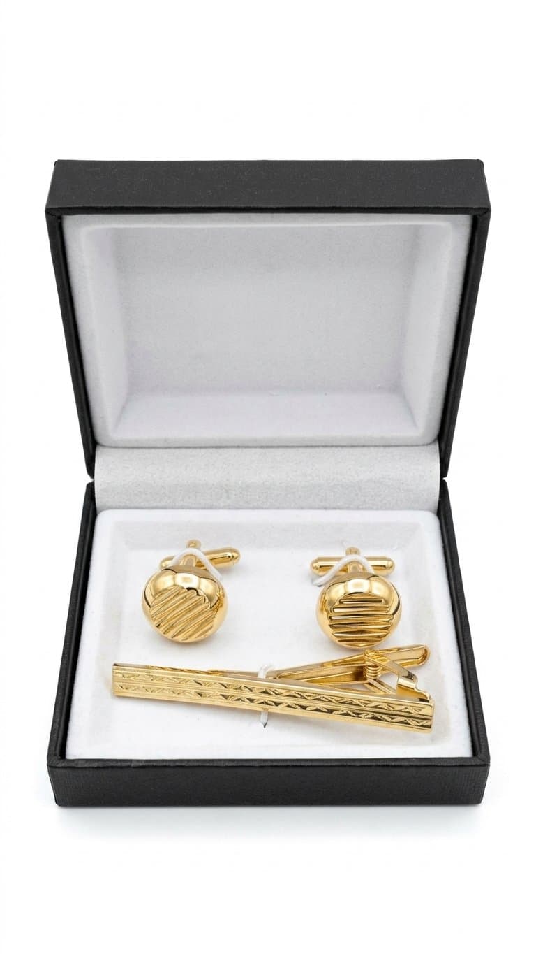 Men's Gold-Tone Patterned Cufflinks & Tie Clip Set