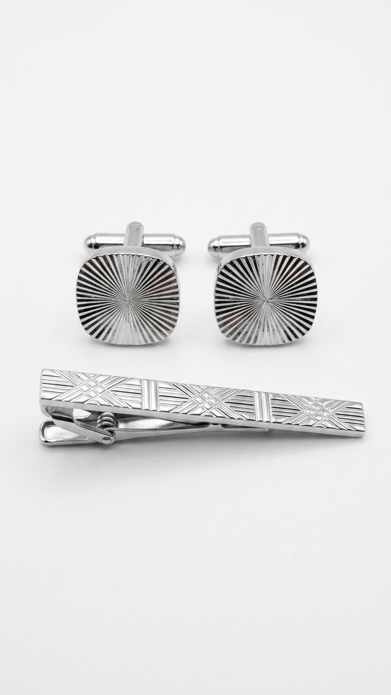 Men's Silver-Tone Cufflinks & Tie Clip Set