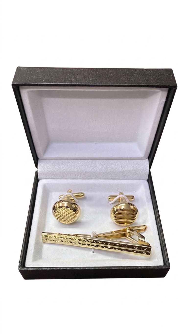 Men's Textured Gold-Tone Cufflinks & Tie Clip Set with Gift Box