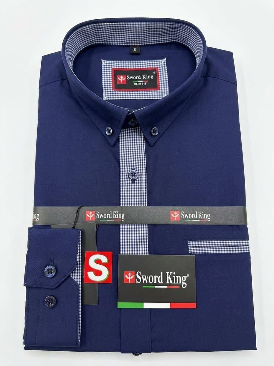 Sword King Men's Slim Fit Long-Sleeve Shirt with Gingham Trim