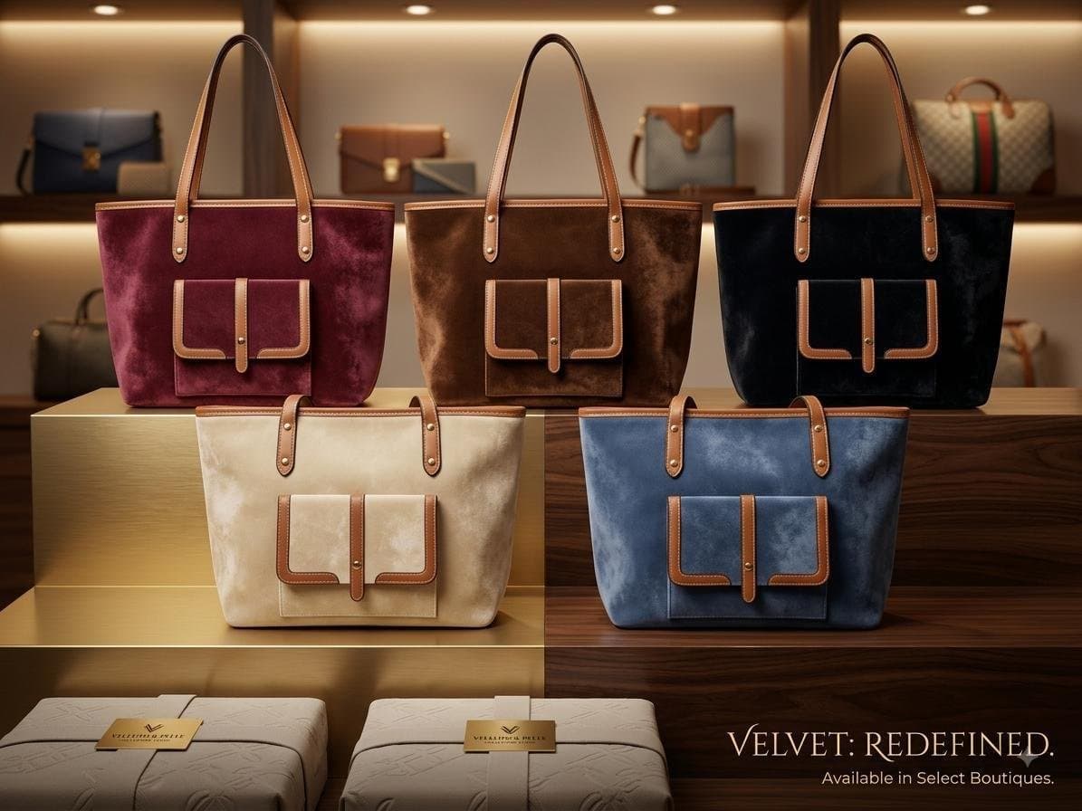 Women's Velvet Front-Pocket Tote Bag with Leather Trim