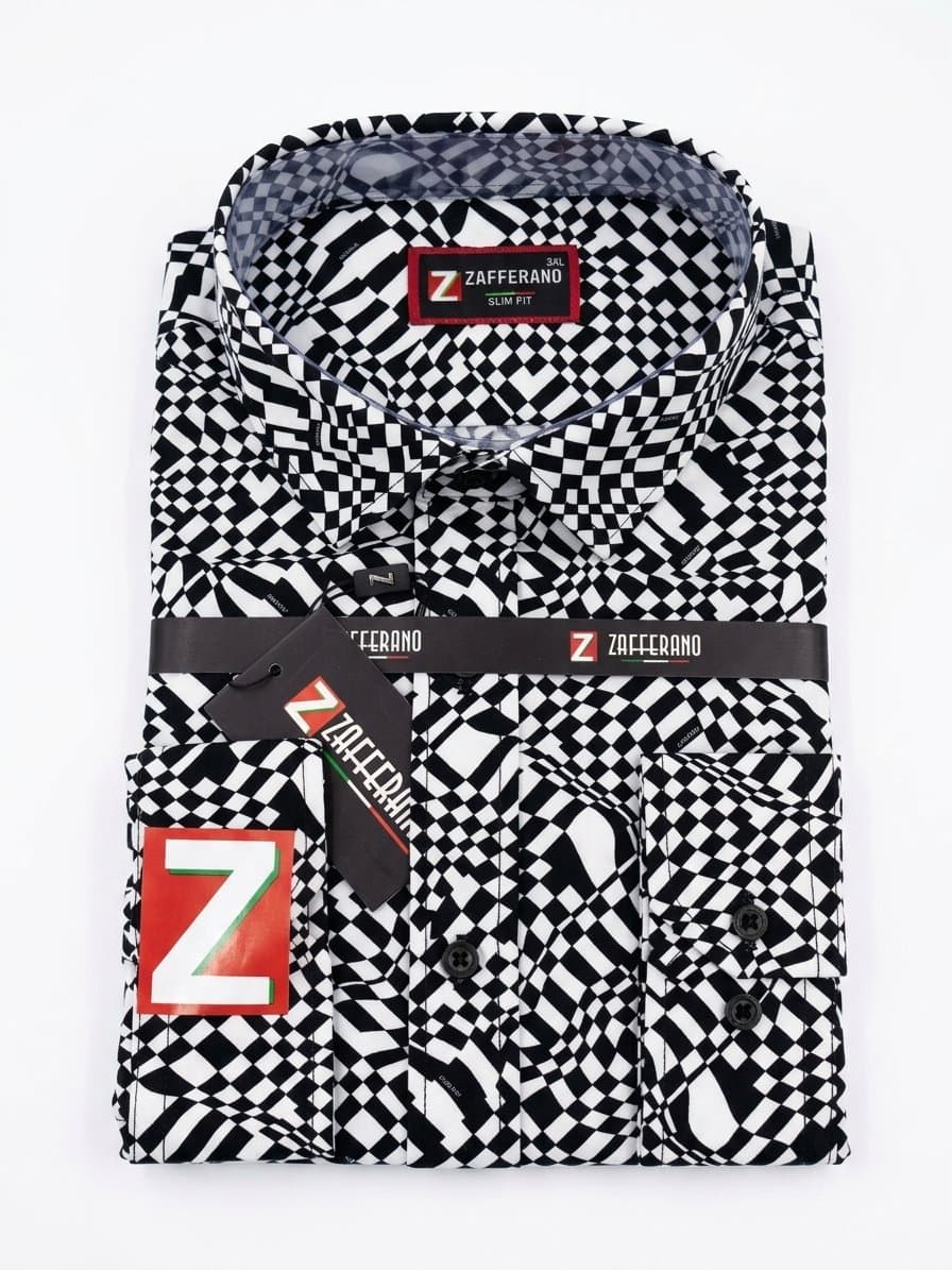 Zafferano Men's Geometric Optical Check Slim Fit Shirt