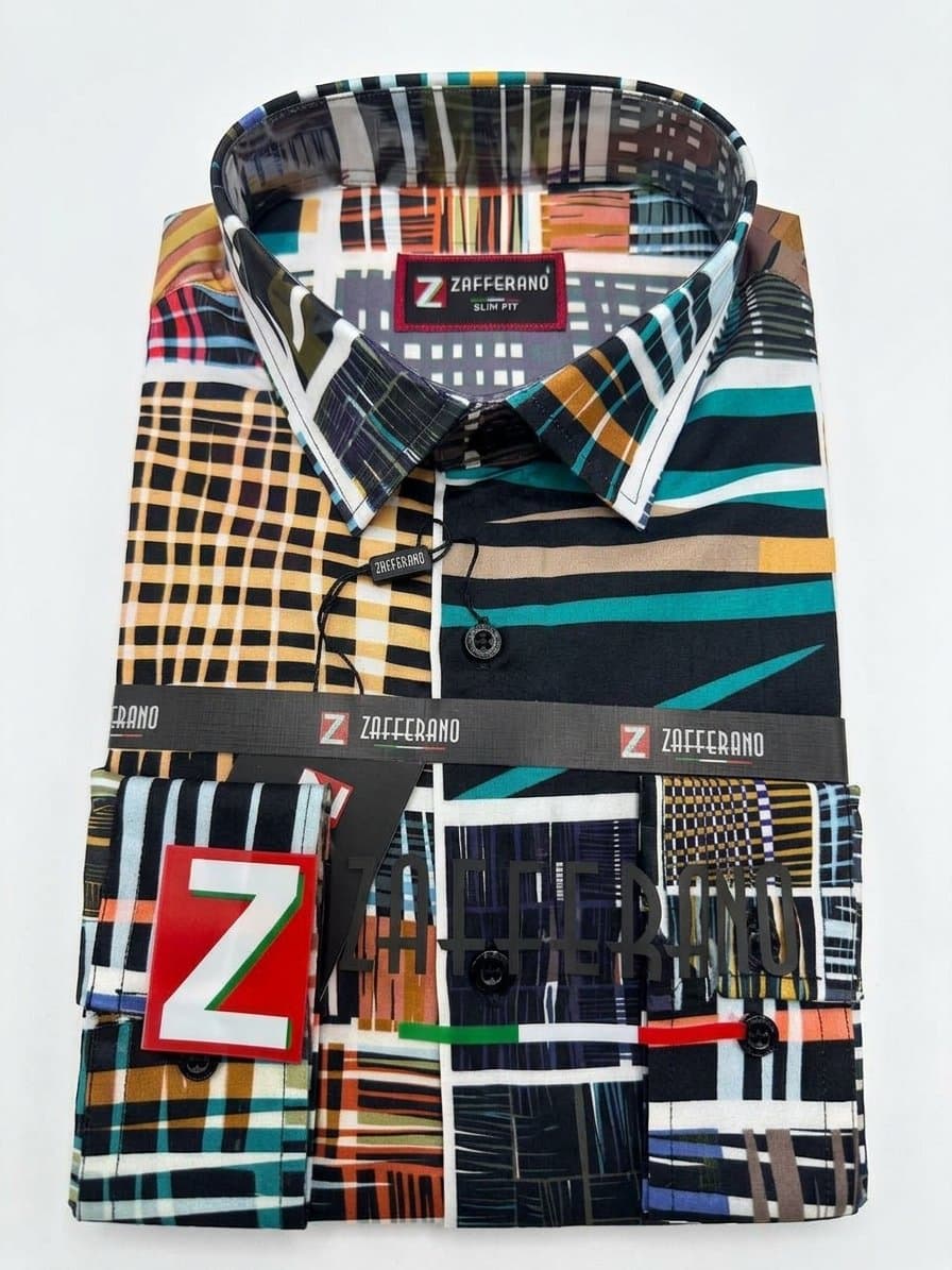 Zafferano Men's Slim Fit Abstract Geometric Pattern Shirt