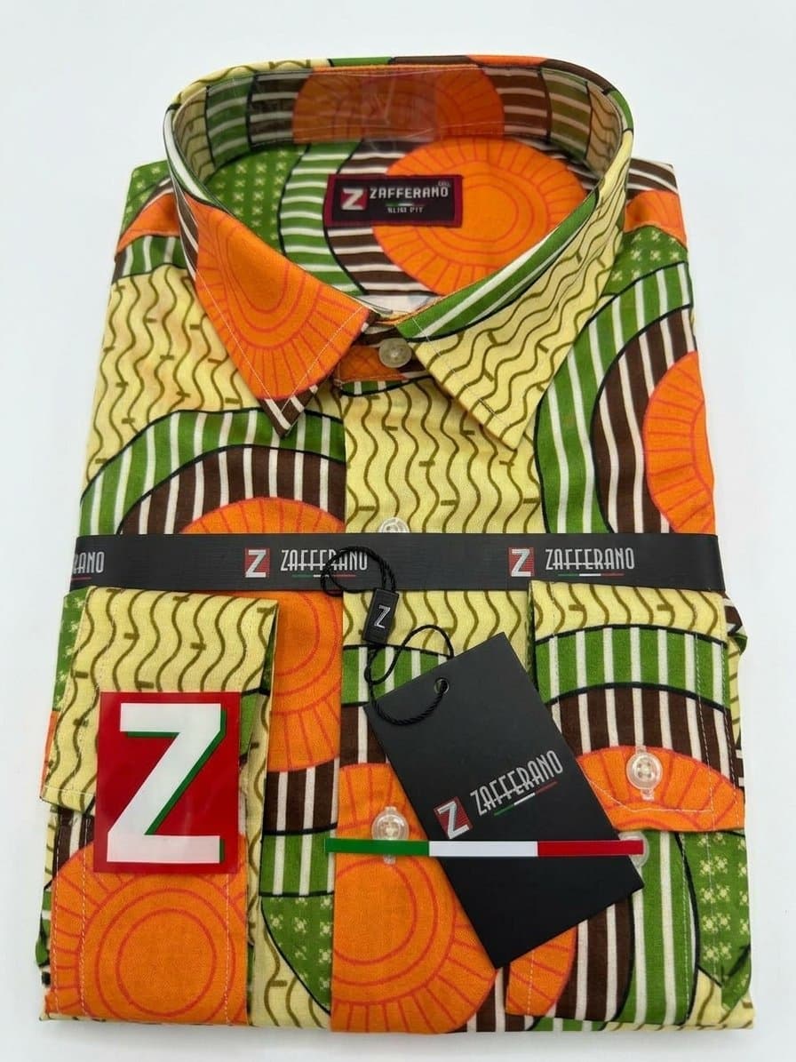 Zafferano Men's Slim Fit African Geometric Print Shirt