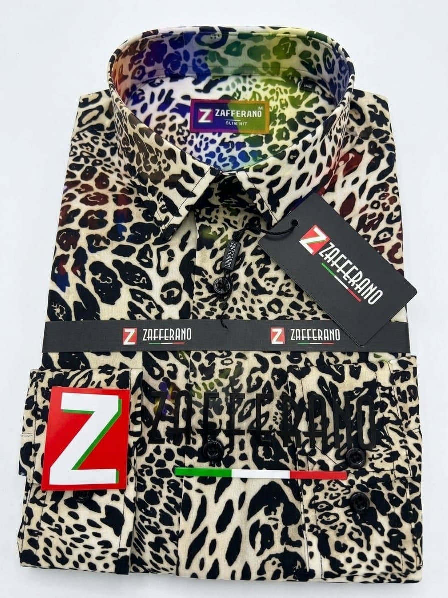 Zafferano Men's Slim Fit Leopard Print Shirt