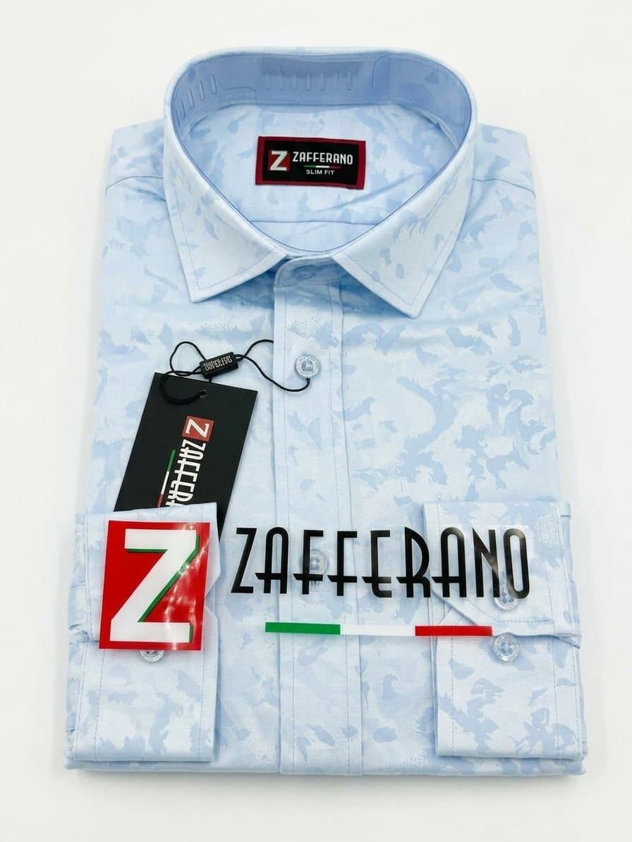 Zafferano Men's Slim Fit Patterned Long Sleeve Shirt - Light Blue