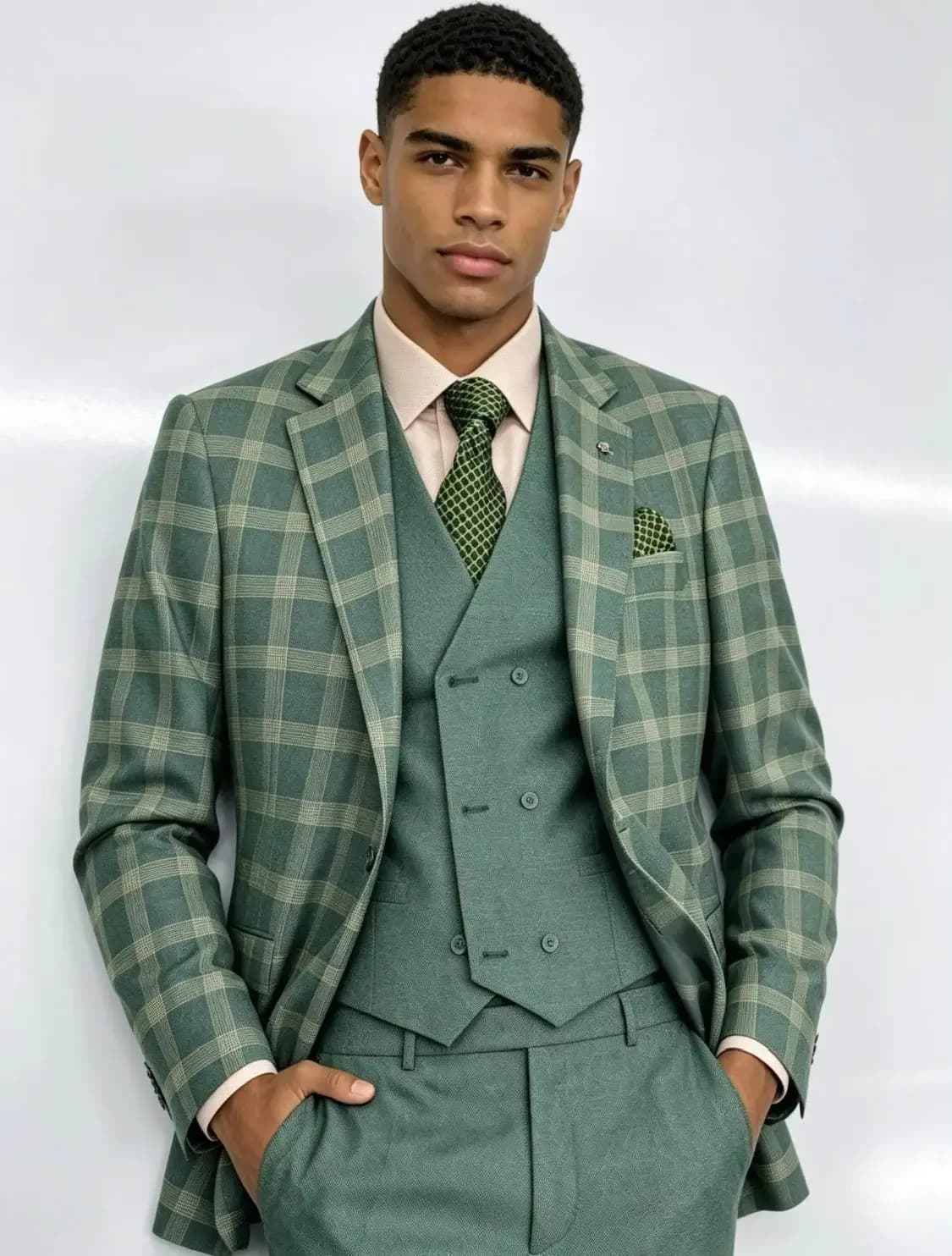 Olive Check Three-Piece Suit