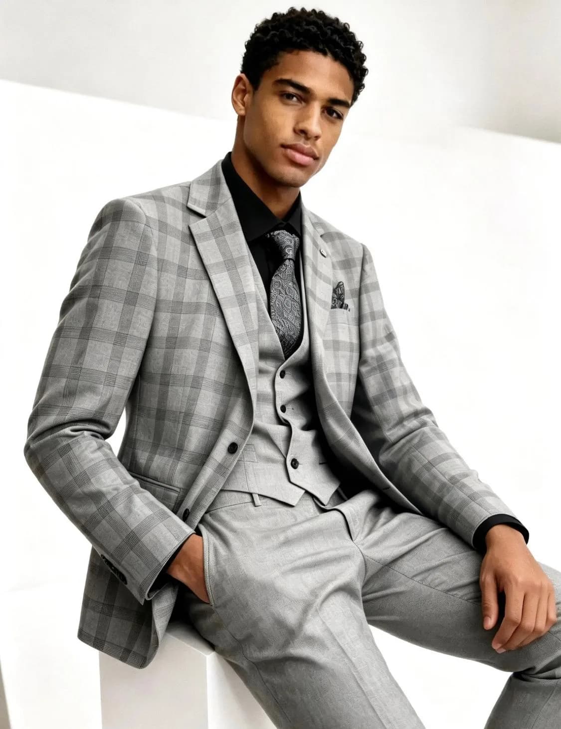 Grey Windowpane Three-Piece Suit