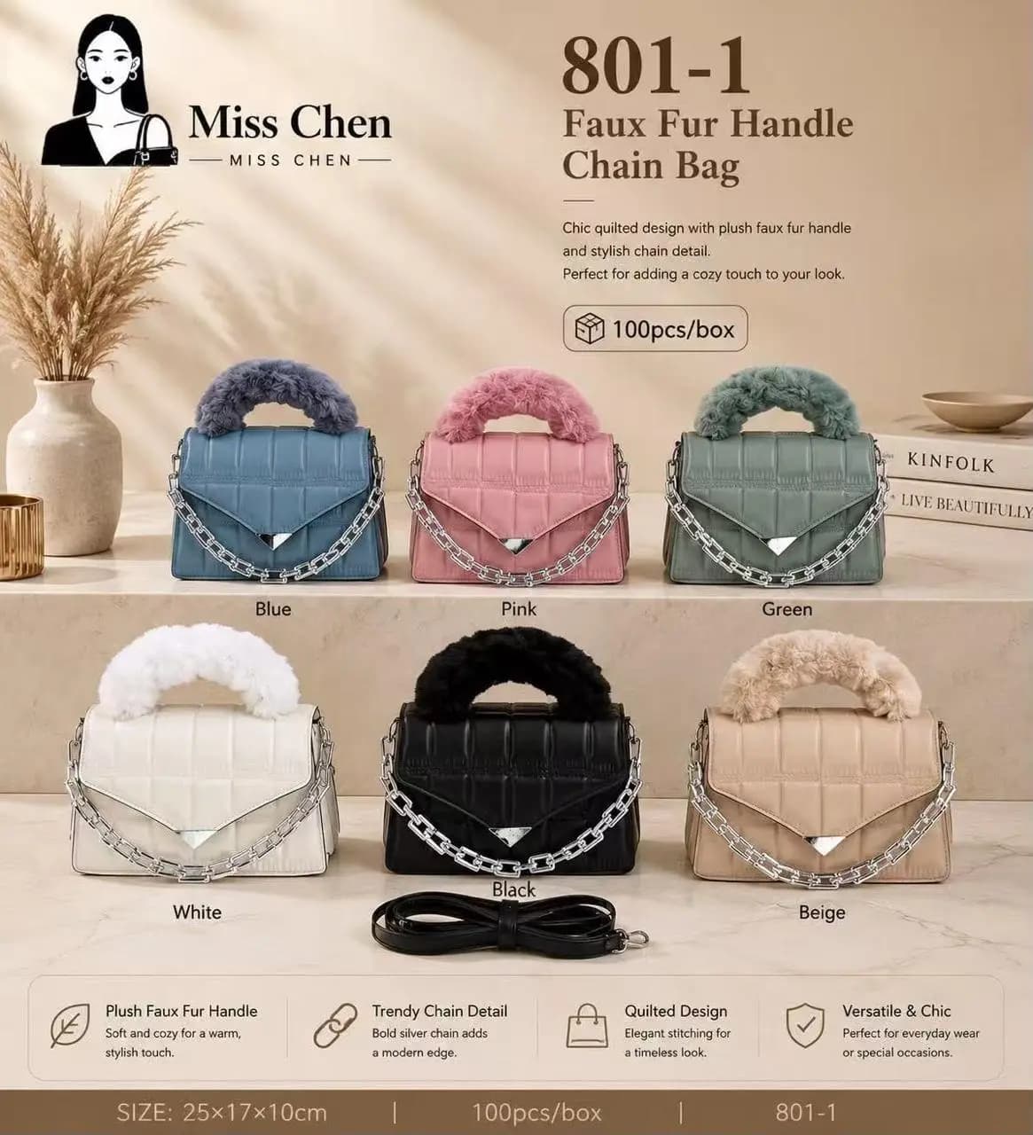 Faux Fur Handle Chain Bag
