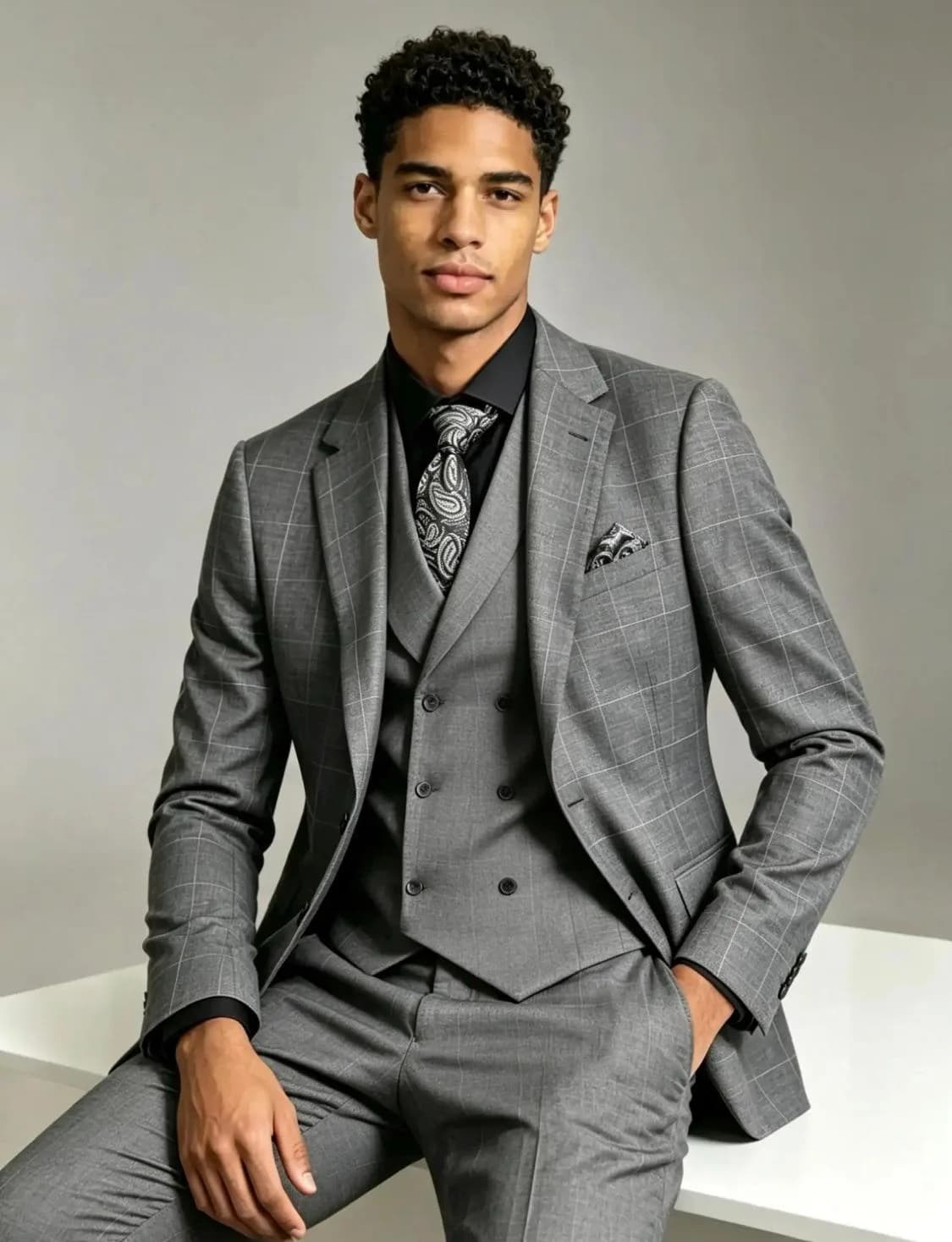 Grey Windowpane Three-Piece Suit