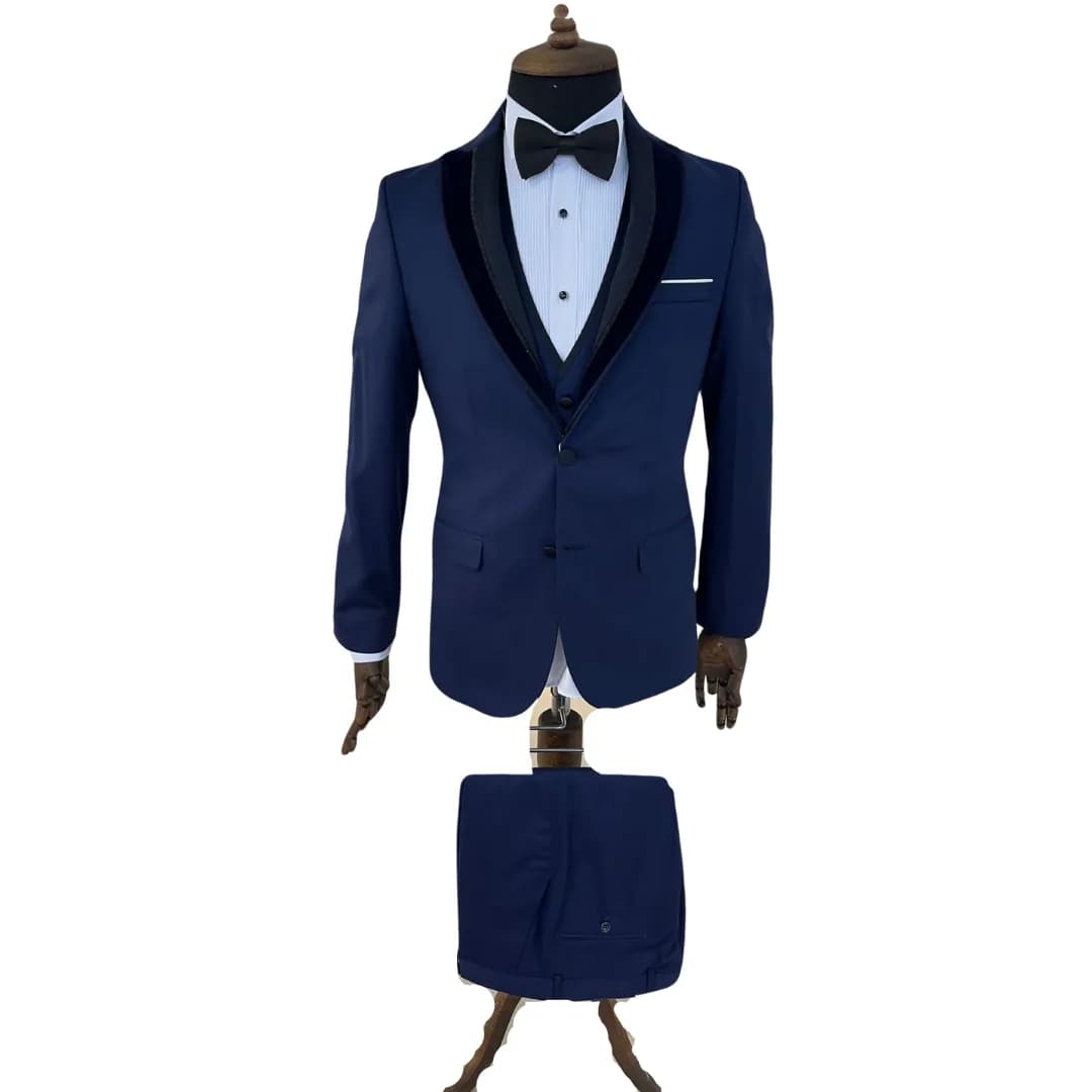Navy Blue Velvet-Lapel Tuxedo