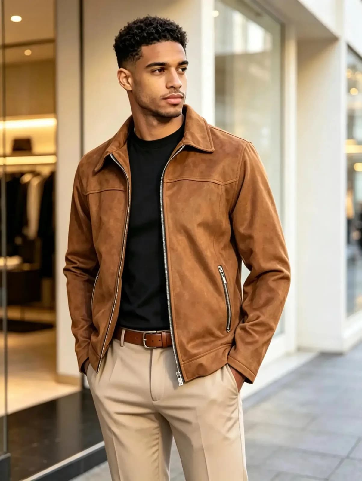 Tan Suede-Look Zip Jacket