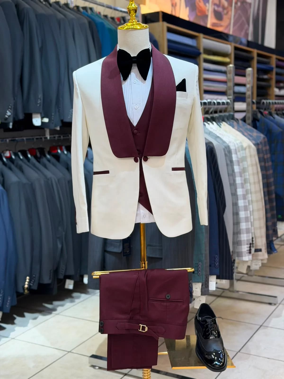 Ivory & Burgundy Shawl-Collar Tuxedo