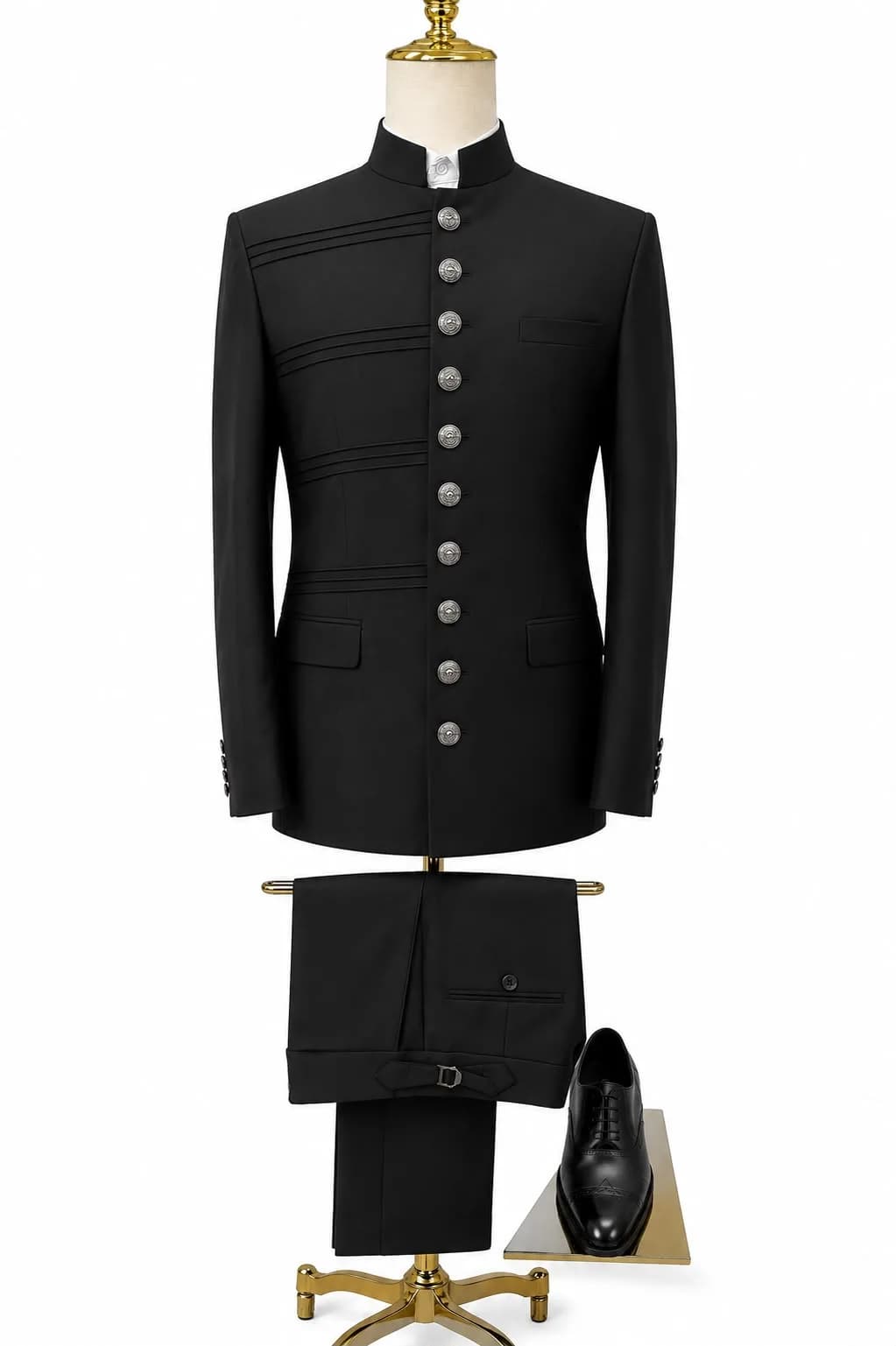 Black Mandarin-Collar Bandhgala Suit