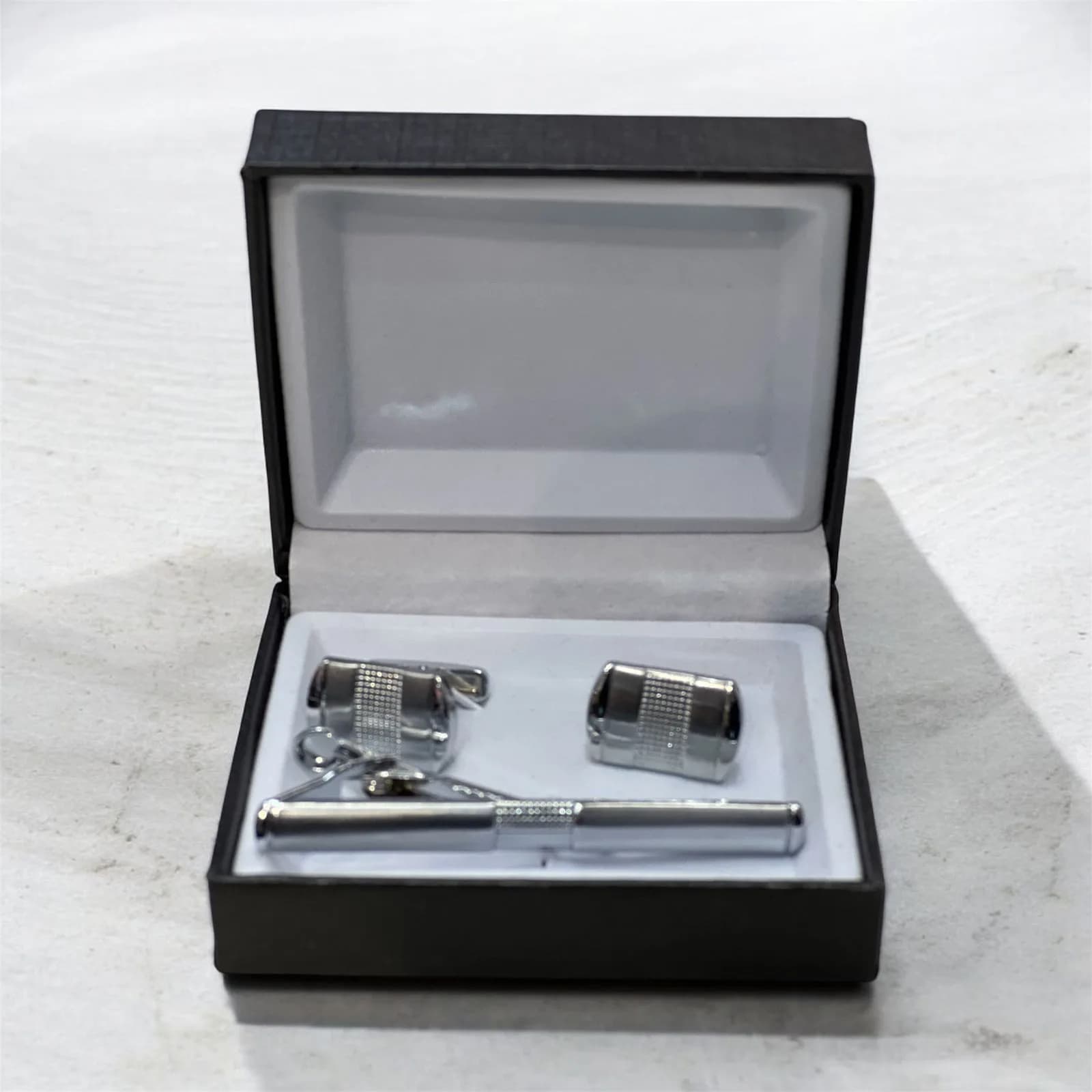 Textured Silver Cufflink & Tie Bar Set