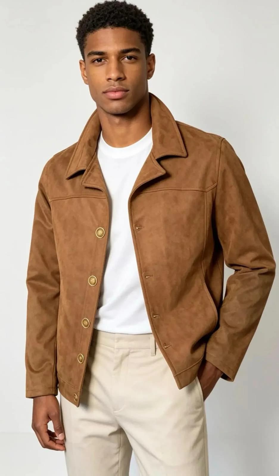 Camel Suede-Look Button Jacket
