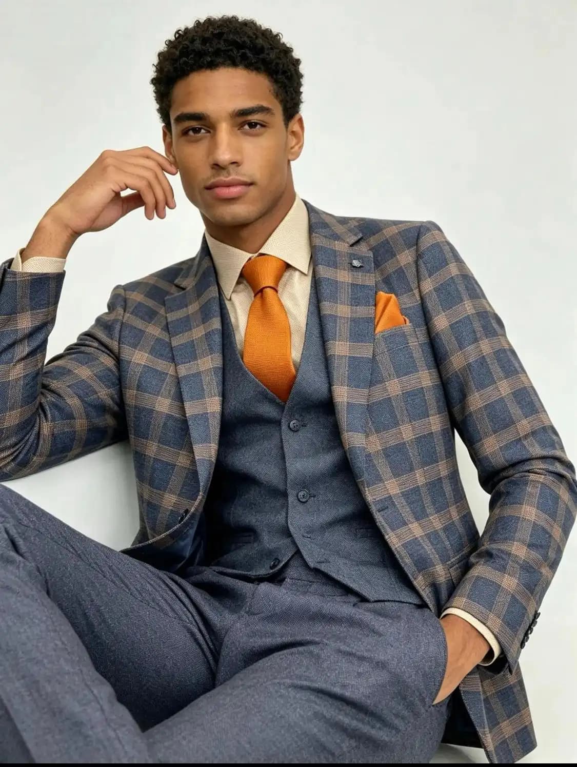 Navy Windowpane Plaid Three-Piece Suit