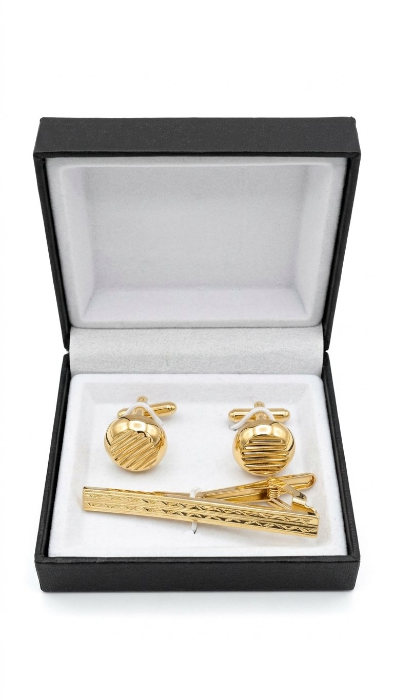 Men's Gold-Tone Patterned Cufflinks & Tie Clip Set