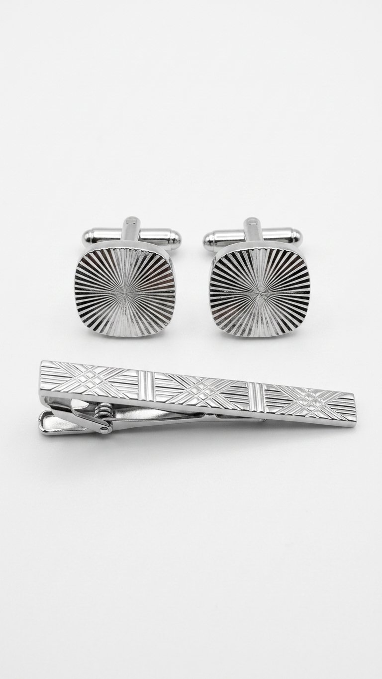 Men's Silver-Tone Cufflinks & Tie Clip Set