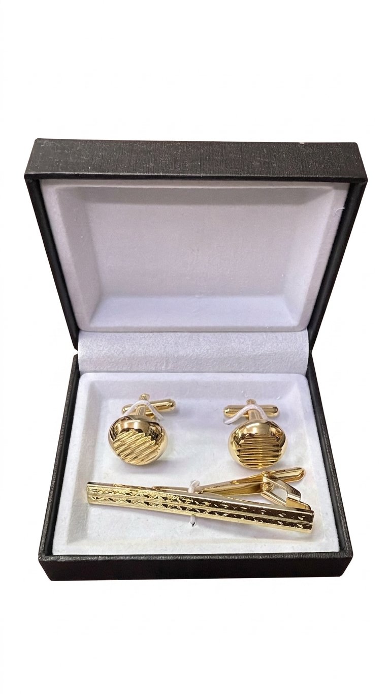 Men's Textured Gold-Tone Cufflinks & Tie Clip Set with Gift Box