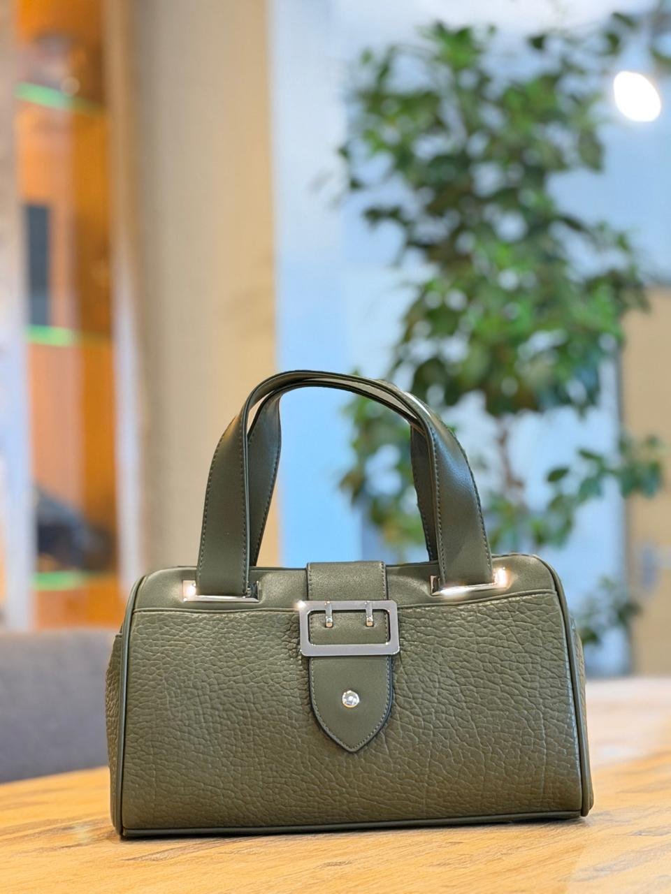 Pebbled Olive Green Structured Top-Handle Handbag