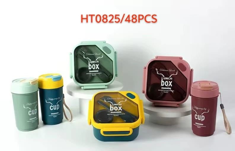 Portable Bento Lunch Box and Matching Tumbler Set with Cutlery