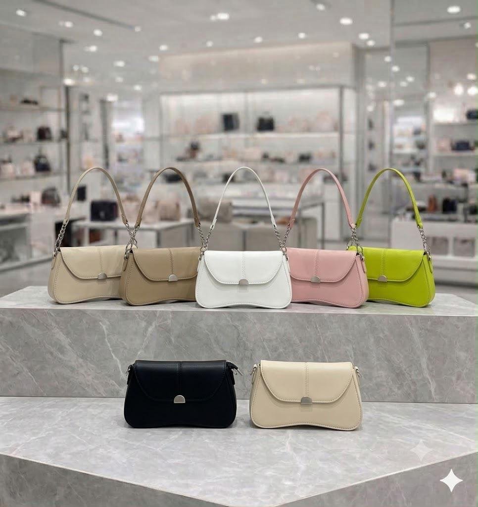 Women's Curved Flap Shoulder Bag with Chain Accent