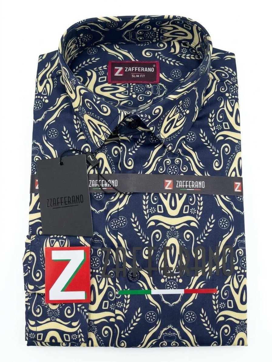 Zafferano Men's Slim Fit Ornate Patterned Shirt - Navy