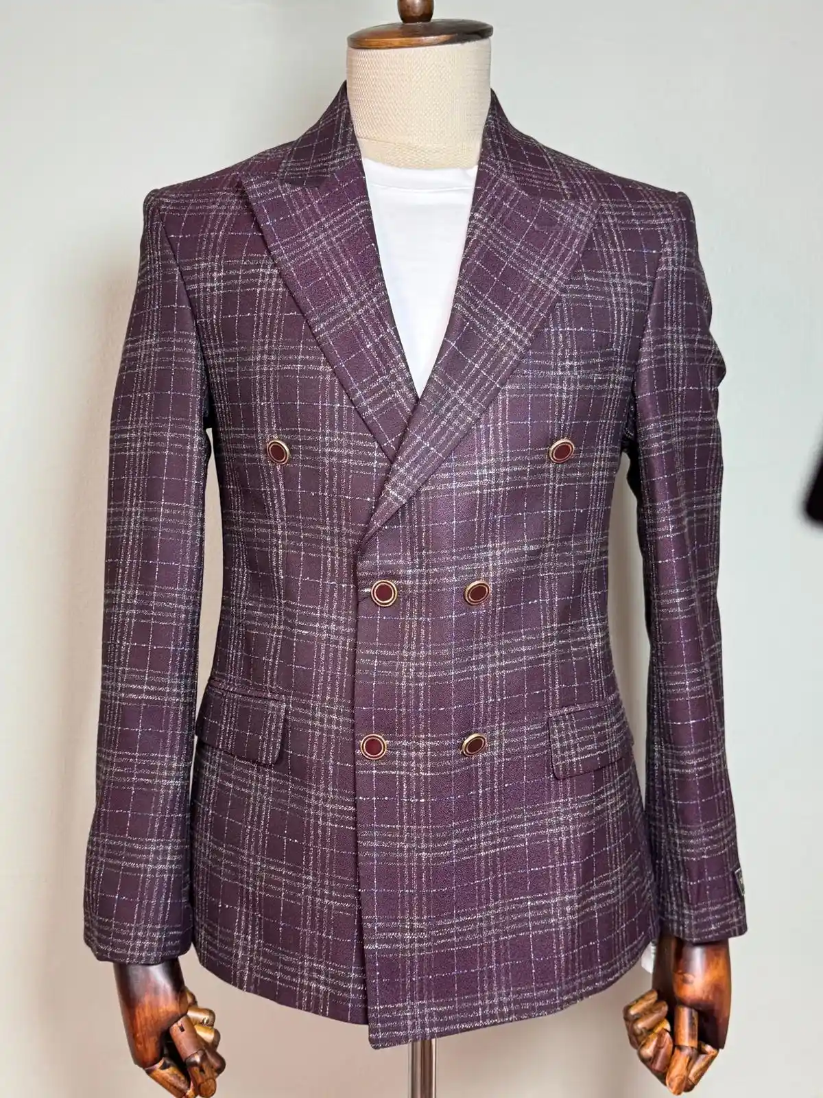 Burgundy Windowpane Check Blazer