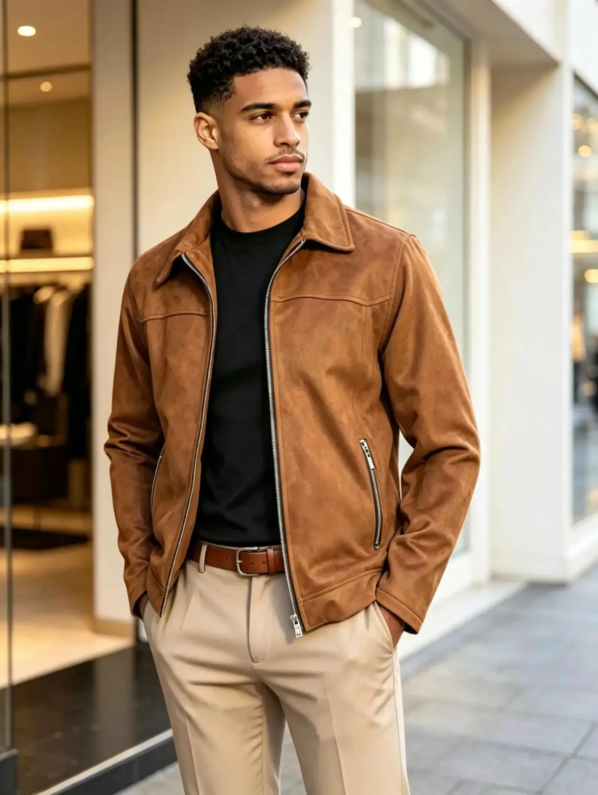 Tan Suede-Look Zip Jacket