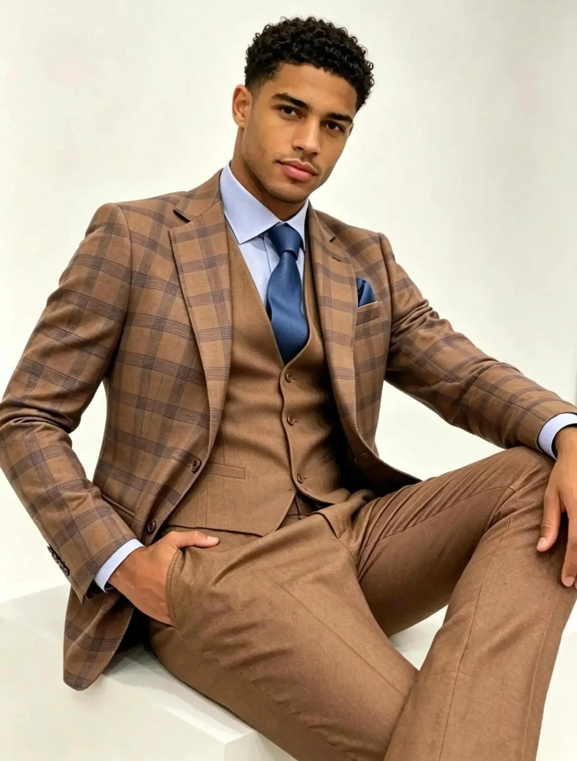 Camel Plaid Three-Piece Suit
