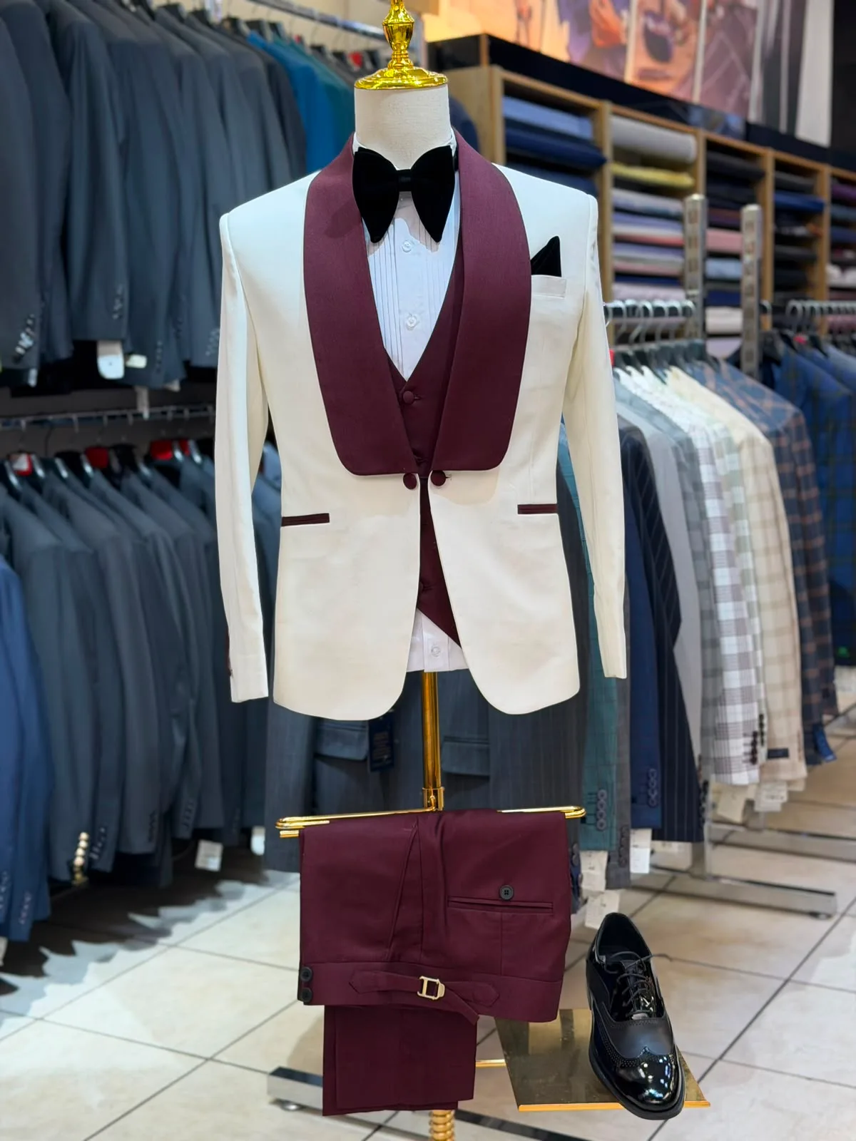 Ivory & Burgundy Shawl-Collar Tuxedo