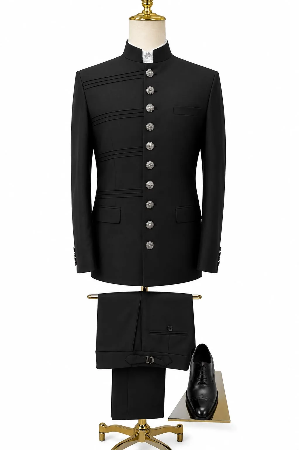 Black Mandarin-Collar Bandhgala Suit