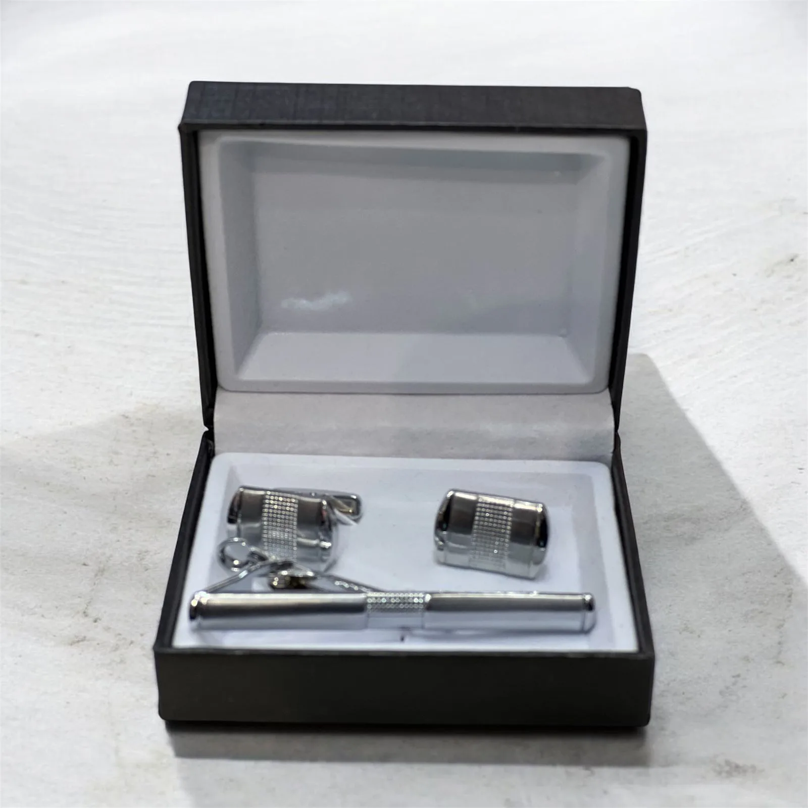 Textured Silver Cufflink & Tie Bar Set